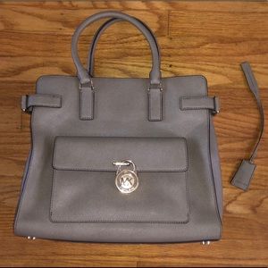 Michael Kors Saffiano Leather Emma Large NS Tote Satchel Bag Pearl Gray